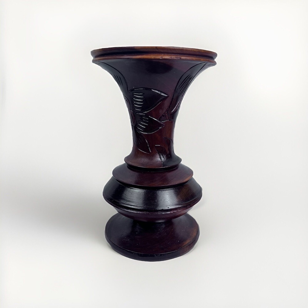 Hand Carved Wood Vintage Folk Art Flower Vase Figure Statue Decor 11"